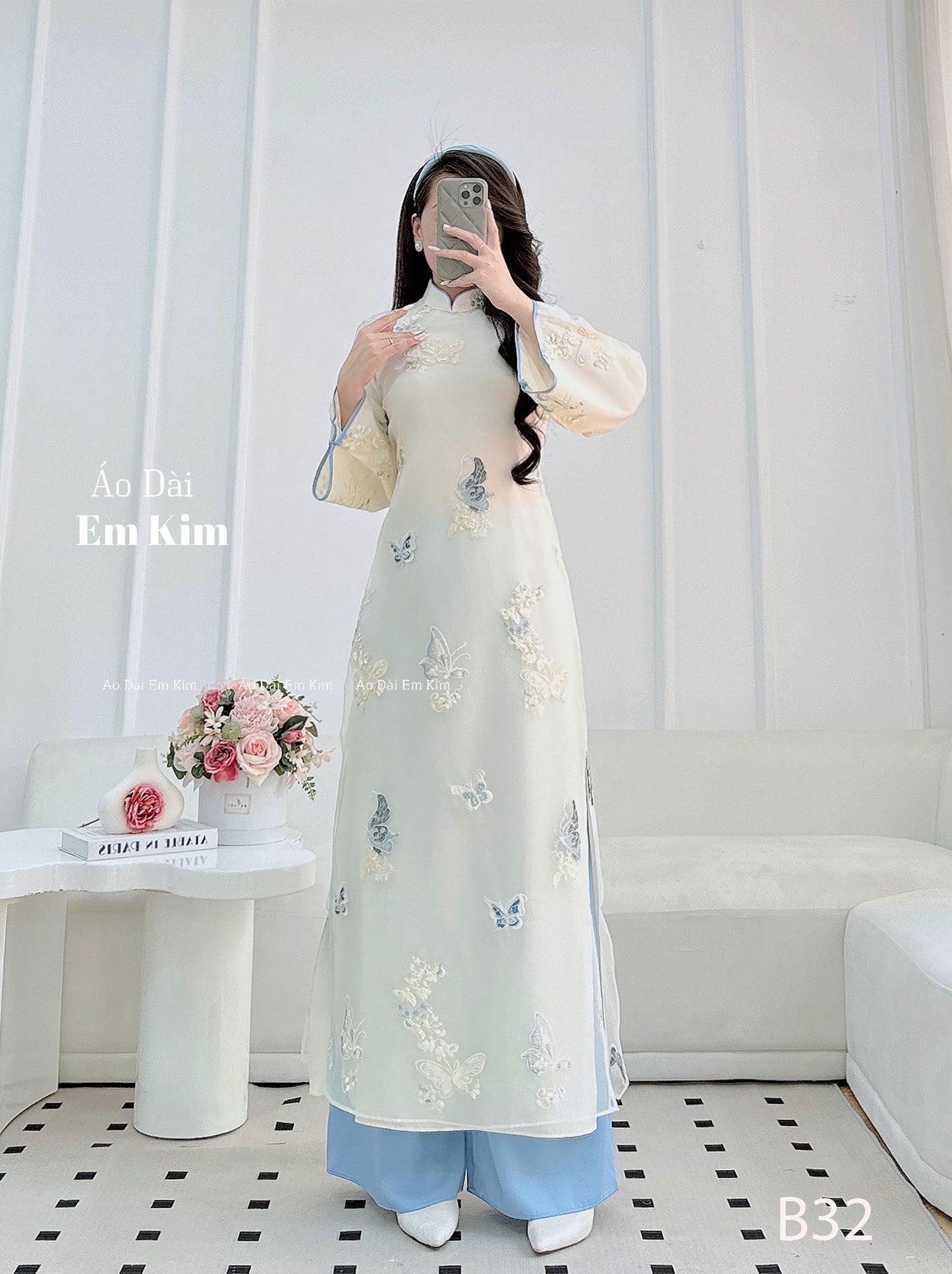 Light blue cream Ao Dai butterfly  B32