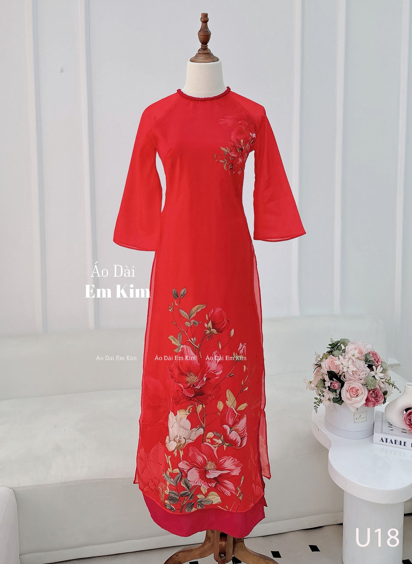 TẾT ÁO DÀI Women Red Flowers pattern Embroider u16