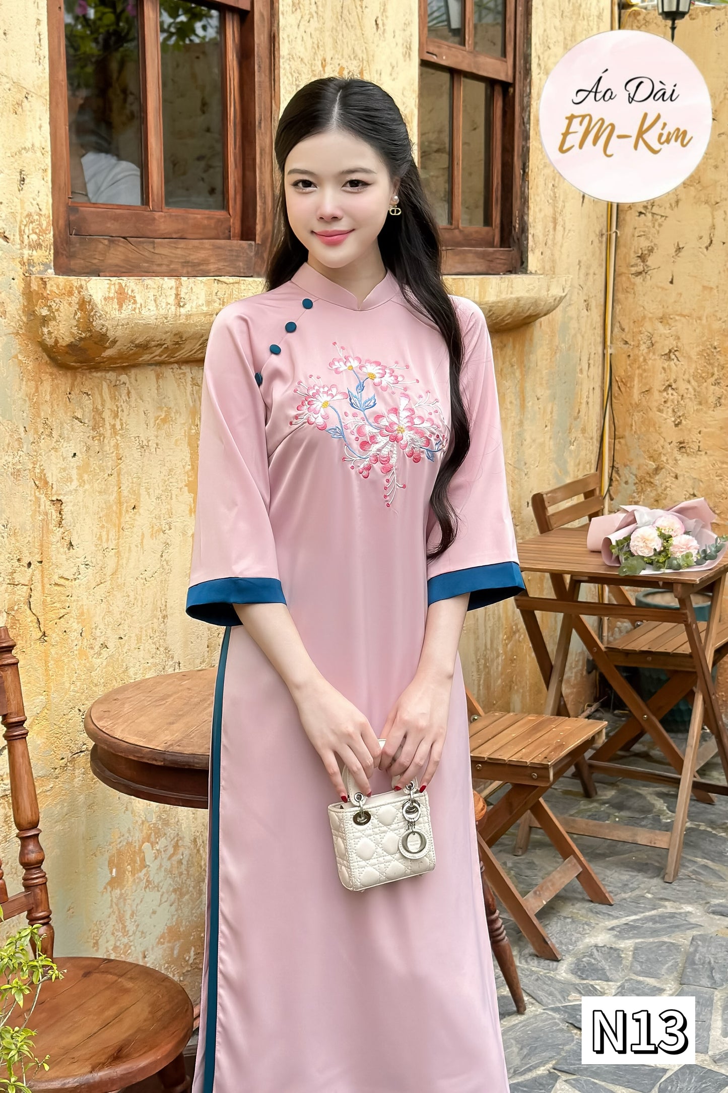 Pink embroidery loose form ao dai ngoc trai silk with pants |Pre-made Ao Dai cach tan for women |Lunar New Year |Vietnamese dress