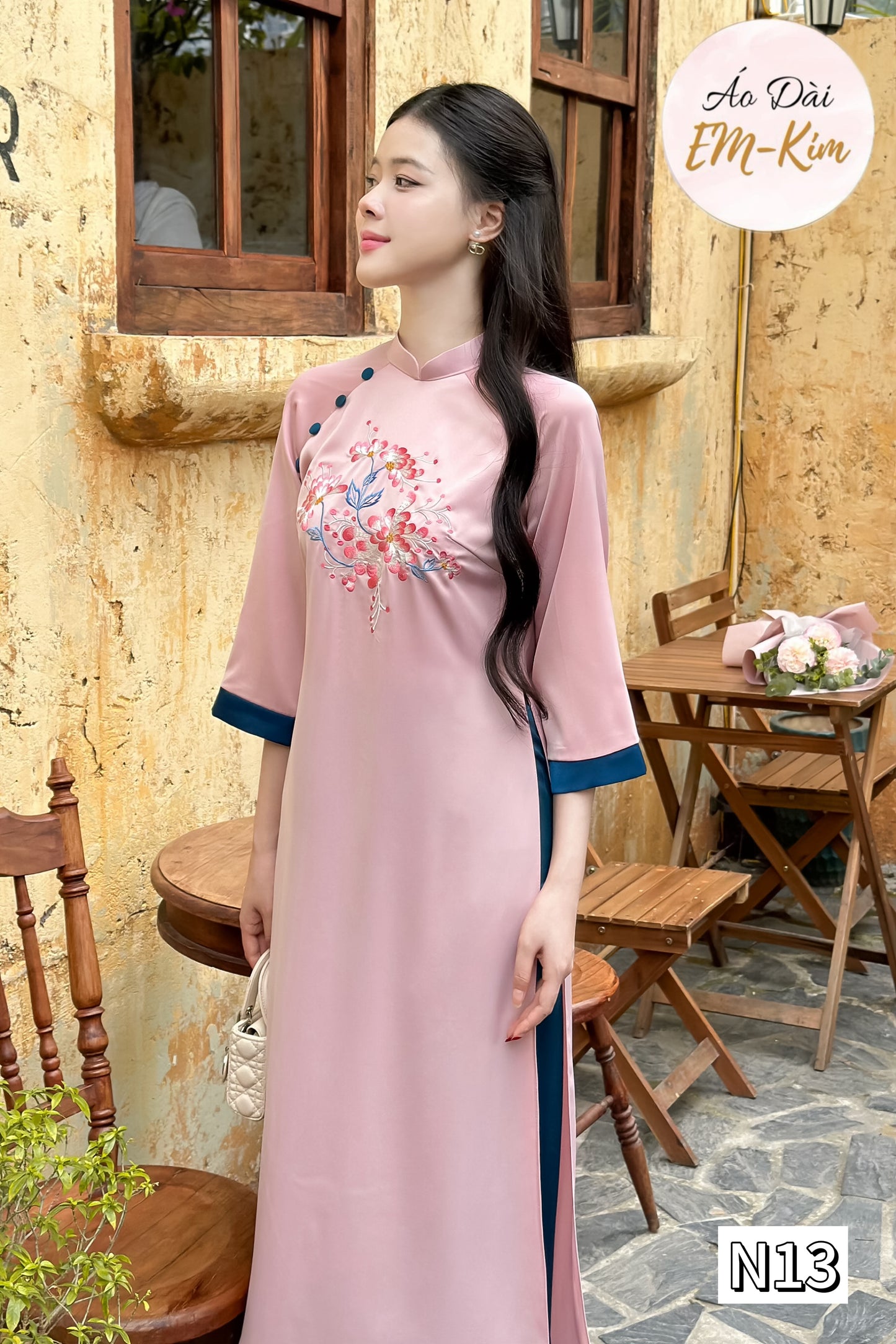 Pink embroidery loose form ao dai ngoc trai silk with pants |Pre-made Ao Dai cach tan for women |Lunar New Year |Vietnamese dress