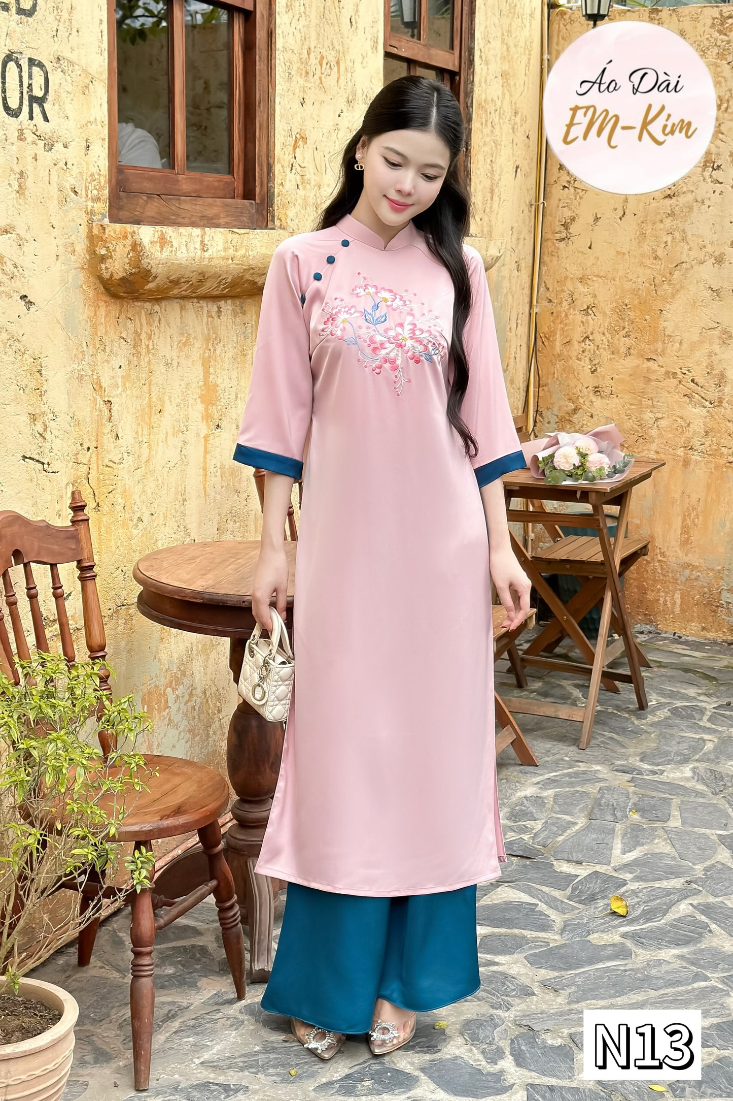 Pink embroidery loose form ao dai ngoc trai silk with pants |Pre-made Ao Dai cach tan for women |Lunar New Year |Vietnamese dress