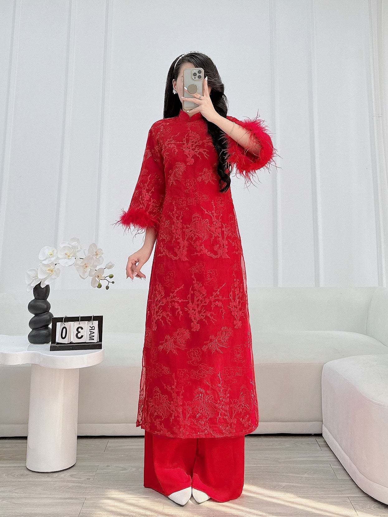 Red Feather Sleeve Mommy and me matching ao dai| Ao Dai Me va Be modern silk organza| | Lunar New Year| MB62