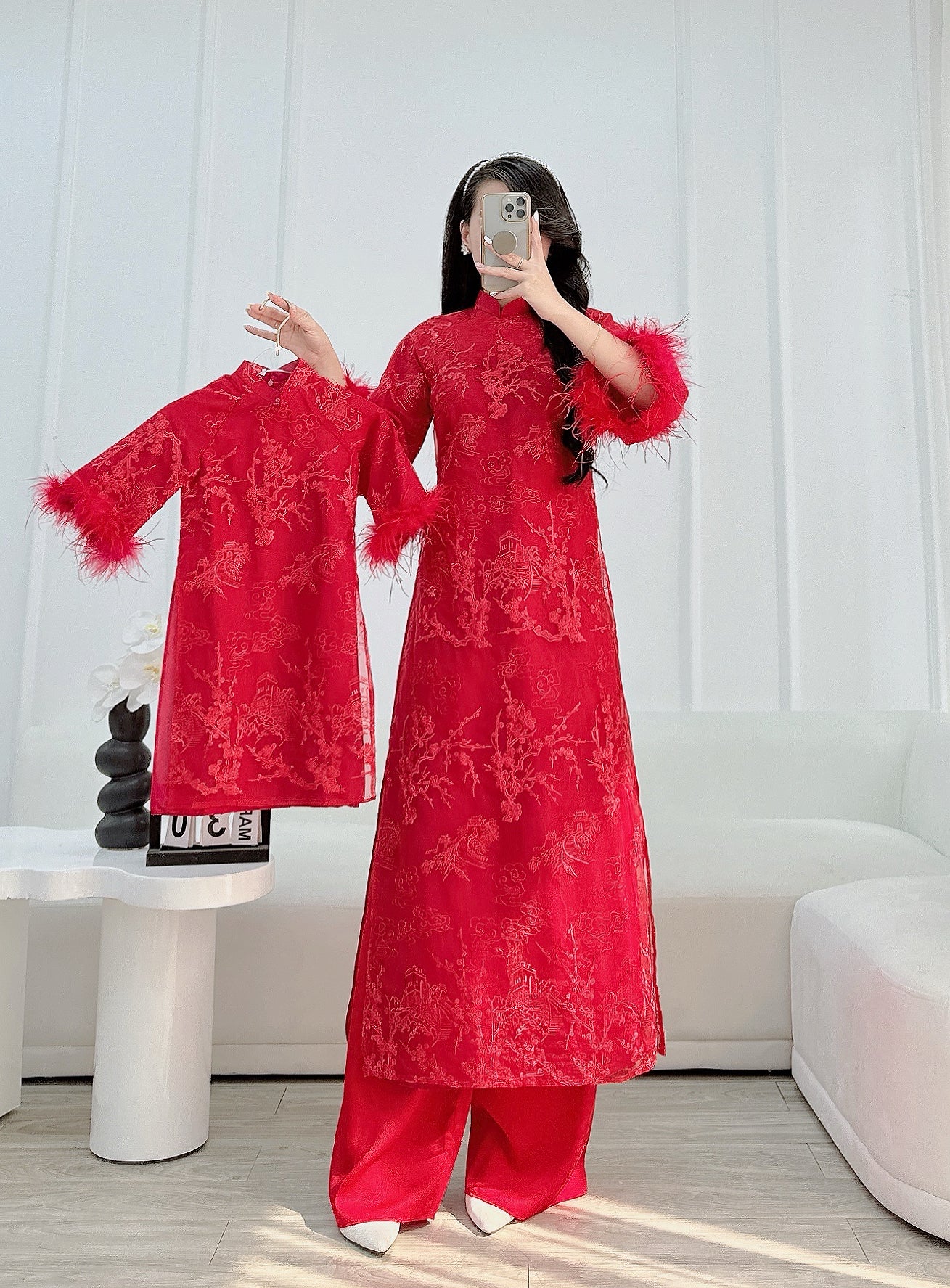 Red Feather Sleeve Mommy and me matching ao dai| Ao Dai Me va Be modern silk organza| | Lunar New Year| MB62