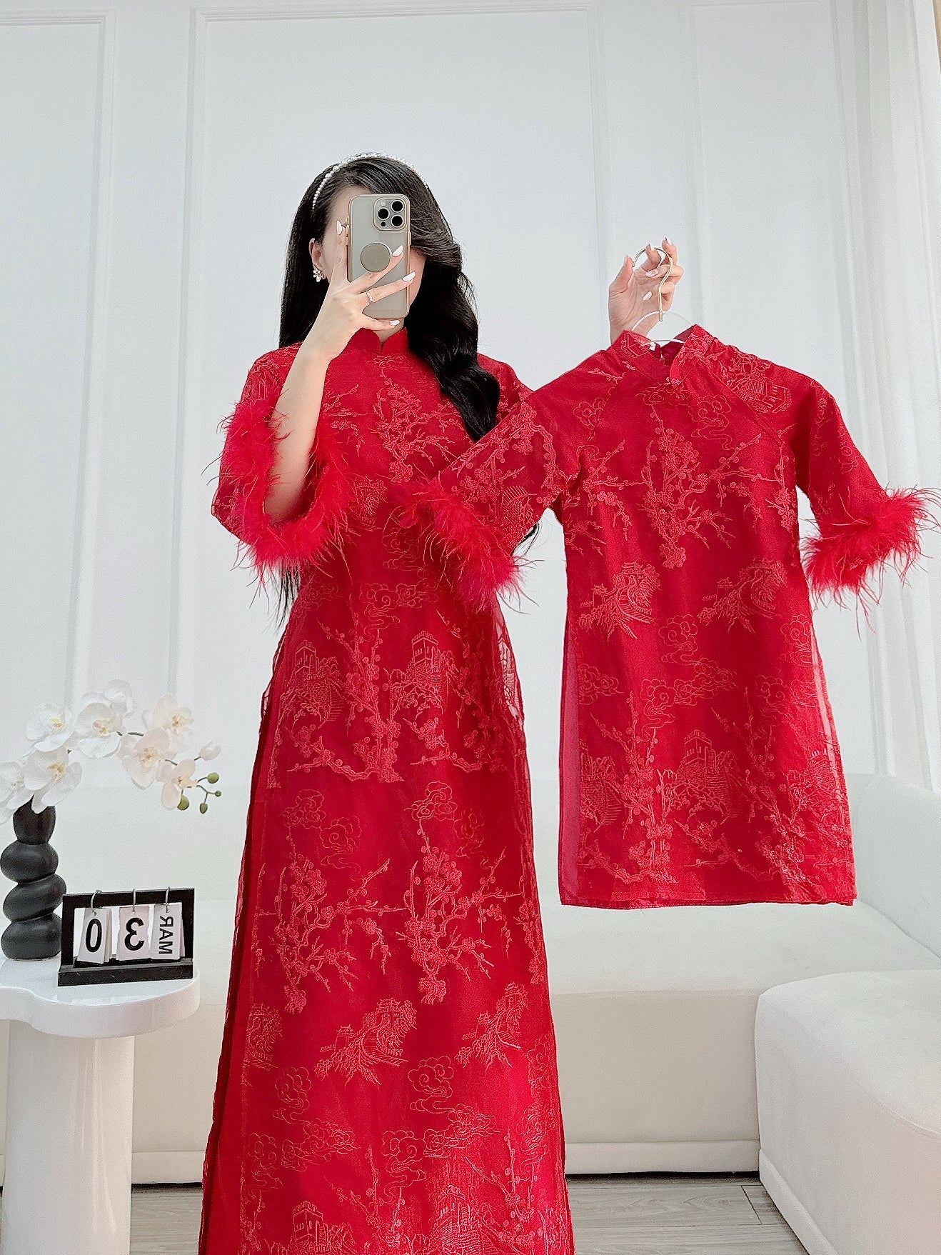 Red Feather Sleeve Mommy and me matching ao dai| Ao Dai Me va Be modern silk organza| | Lunar New Year| MB62