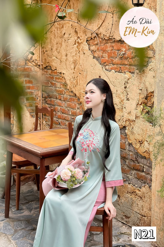 Embroidery mint Ao Dai with pants| pre-made Vietnamese Ao Dai modern with pants for women|Lunar New Year N21