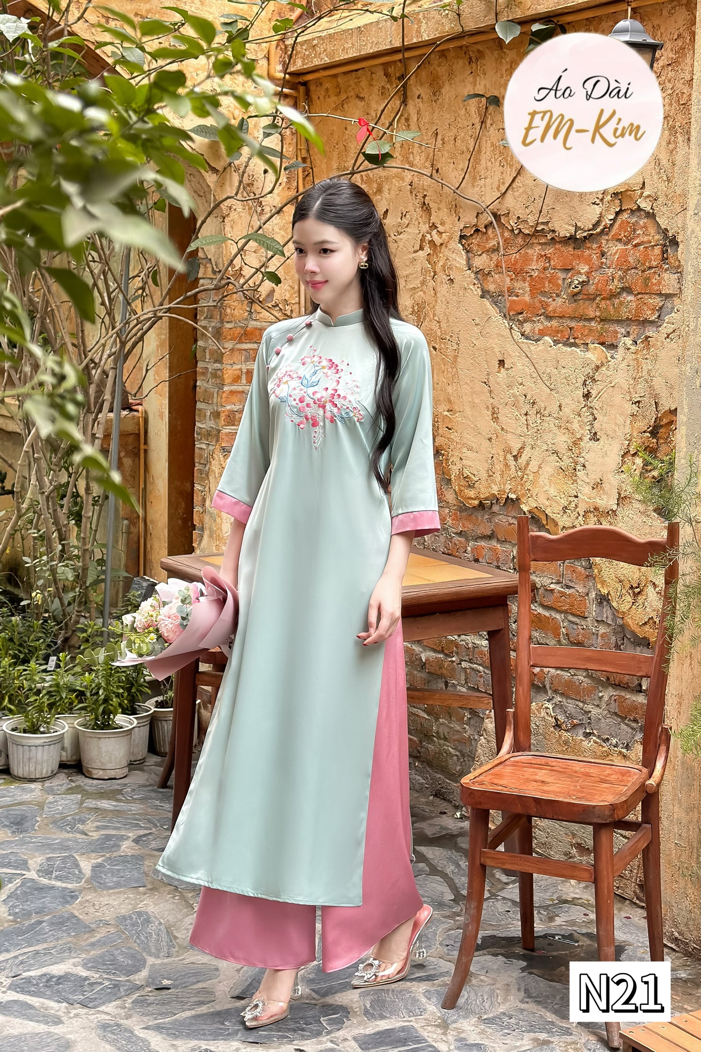 Embroidery mint Ao Dai with pants| pre-made Vietnamese Ao Dai modern with pants for women|Lunar New Year N21