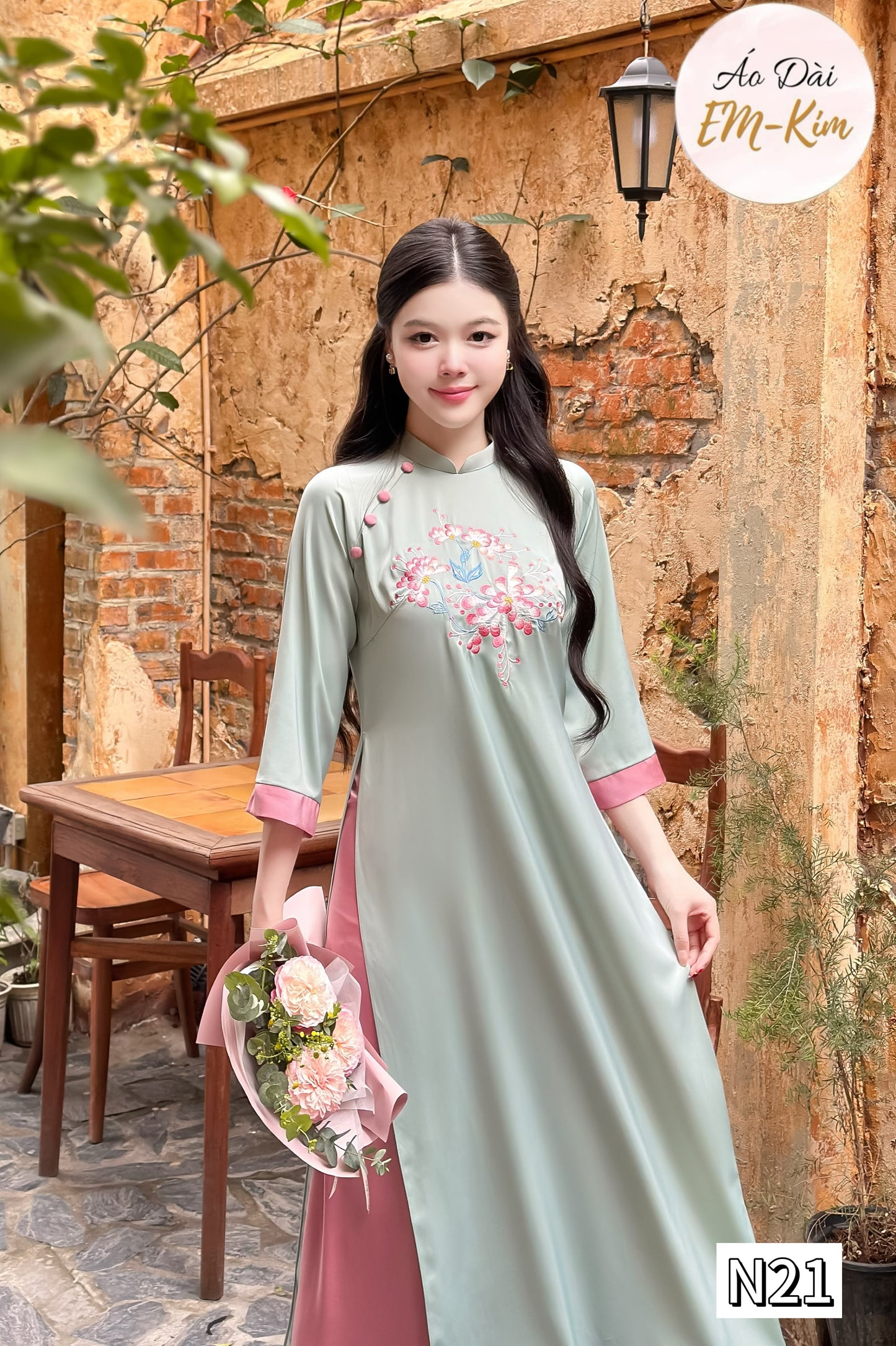 Embroidery mint Ao Dai with pants| pre-made Vietnamese Ao Dai modern with pants for women|Lunar New Year N21