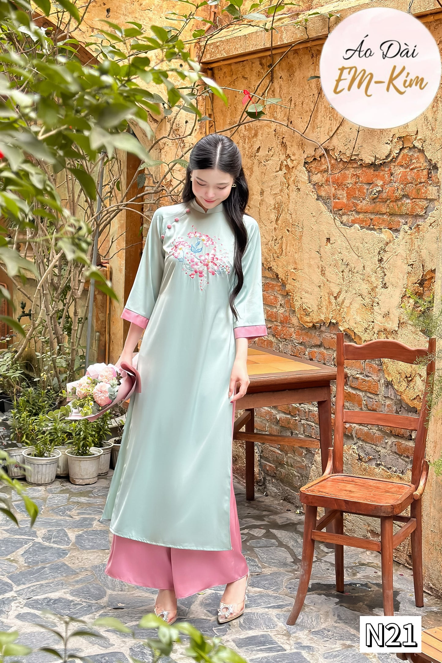 Embroidery mint Ao Dai with pants| pre-made Vietnamese Ao Dai modern with pants for women|Lunar New Year N21