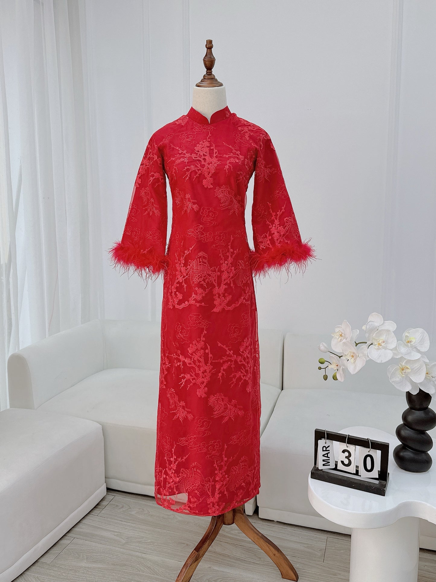 Red Feather Sleeve Mommy and me matching ao dai| Ao Dai Me va Be modern silk organza| | Lunar New Year| MB62