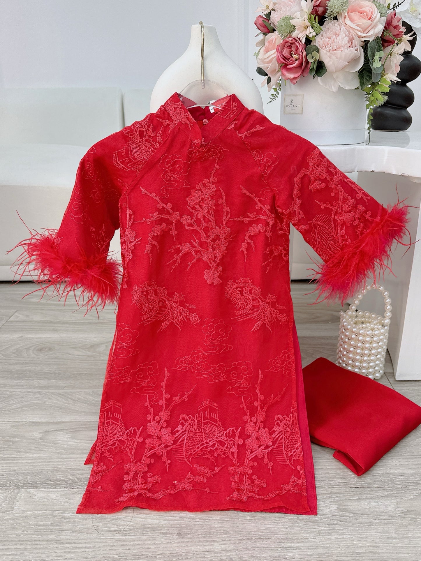 Red Feather Sleeve Mommy and me matching ao dai| Ao Dai Me va Be modern silk organza| | Lunar New Year| MB62