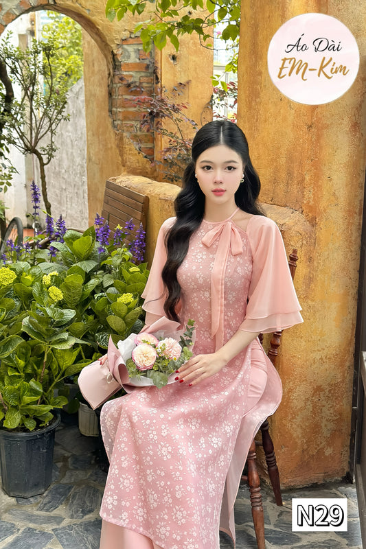 Mini flowers Nude Ao Dai tơ silk  modern neck bow set with pants| Pre-made vietnamese ao dai modern | N29