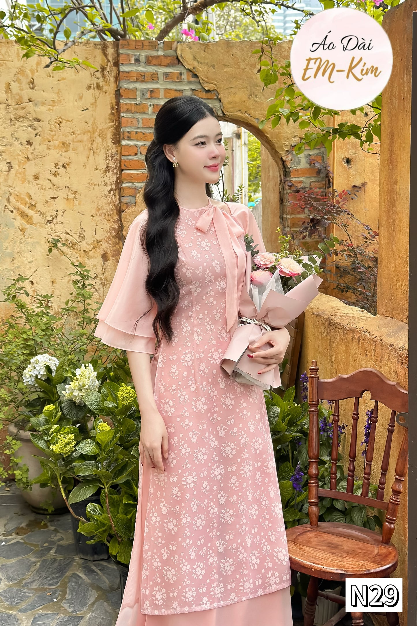 Mini flowers Nude Ao Dai tơ silk  modern neck bow set with pants| Pre-made vietnamese ao dai modern | N29