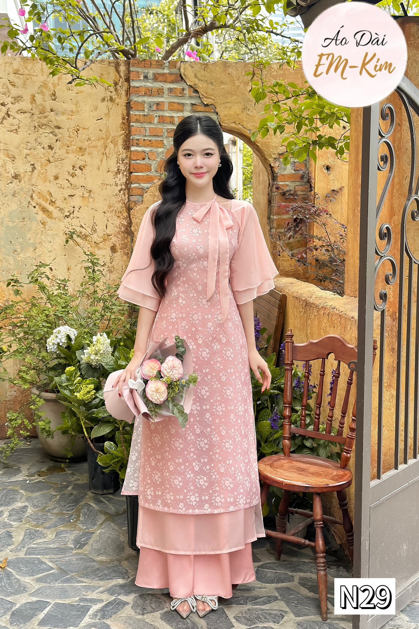 Mini flowers Nude Ao Dai tơ silk  modern neck bow set with pants| Pre-made vietnamese ao dai modern | N29