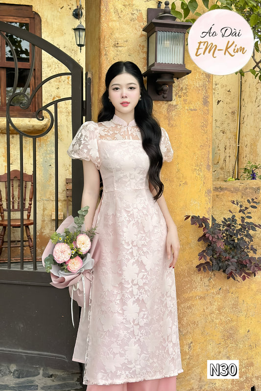 Puff sleeves Ao Dai lace flowers ( 2 colors) with pants |Pre-made modern Ao Dai cach Tan for women|Lunar New Year| ao Dai dress N30