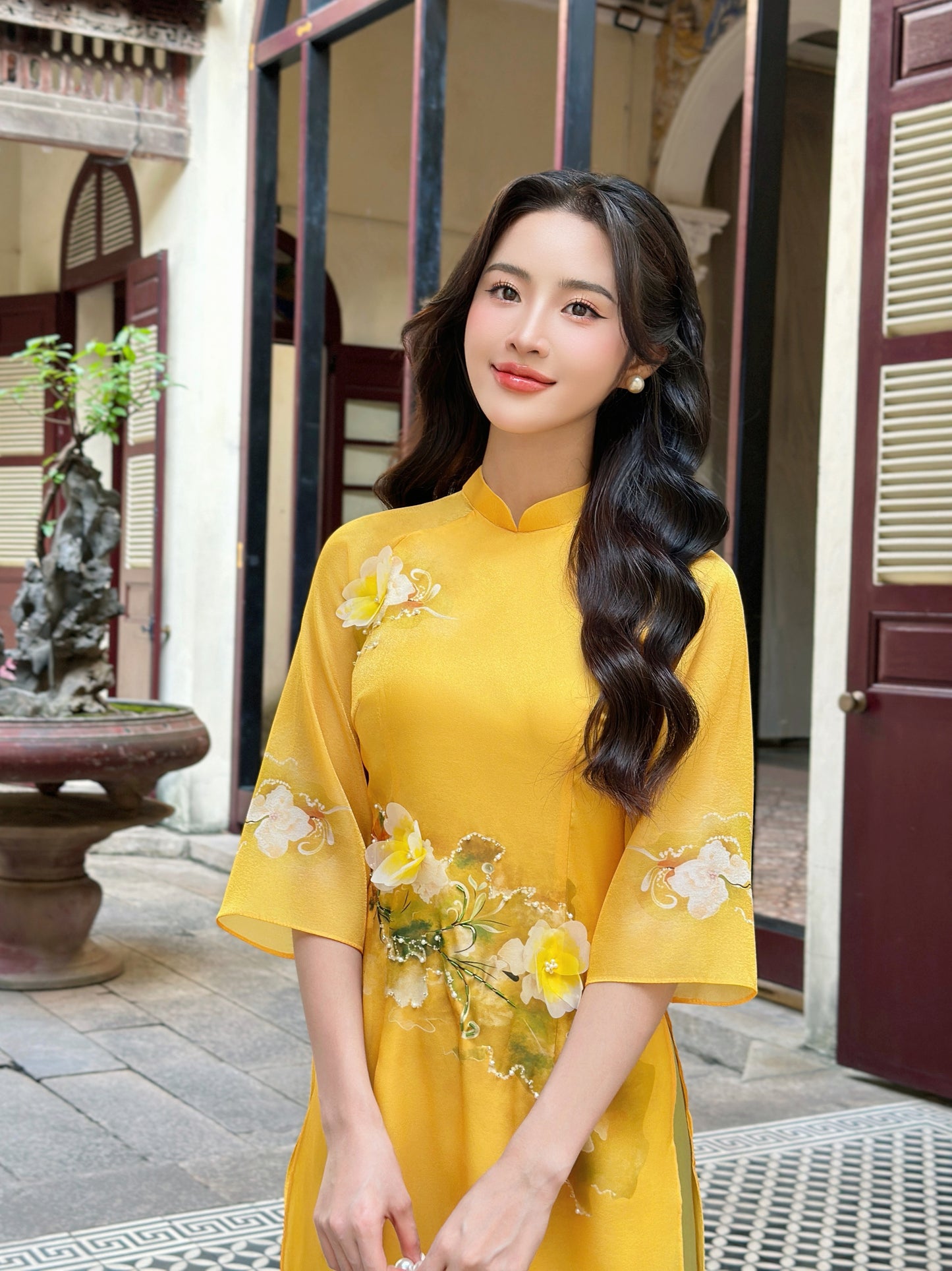 Yellow TN| Pre-made Vietnamese Dress for Lunar New Year Ao Dai Viet Nam|Ao Dai Cach Tan with Pants Q07