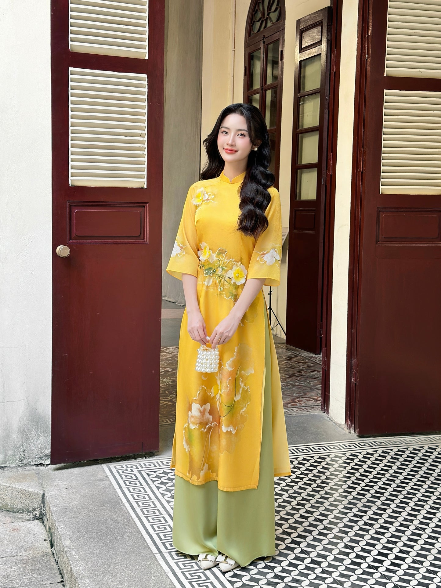 Yellow TN| Pre-made Vietnamese Dress for Lunar New Year Ao Dai Viet Nam|Ao Dai Cach Tan with Pants Q07