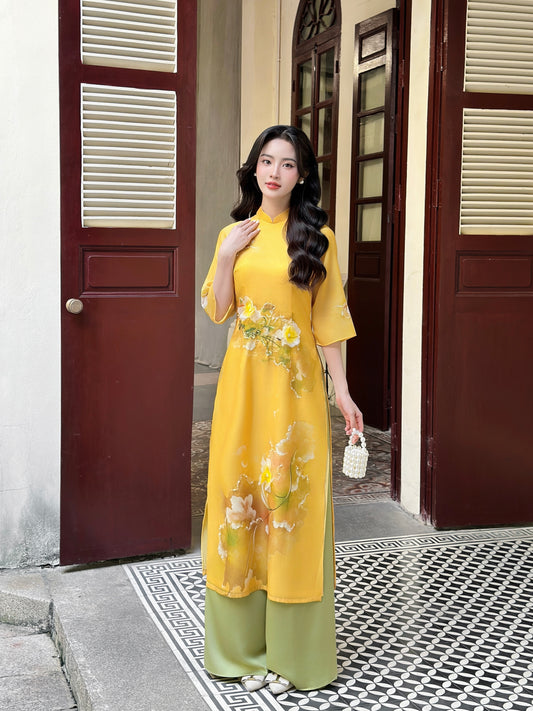 Yellow TN| Pre-made Vietnamese Dress for Lunar New Year Ao Dai Viet Nam|Ao Dai Cach Tan with Pants Q07