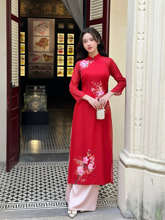 Red TN Ao dai| Pre-made Vietnamese Dress for Lunar New Year Ao Dai Viet Nam|Ao Dai Cach Tan with Pants Q09