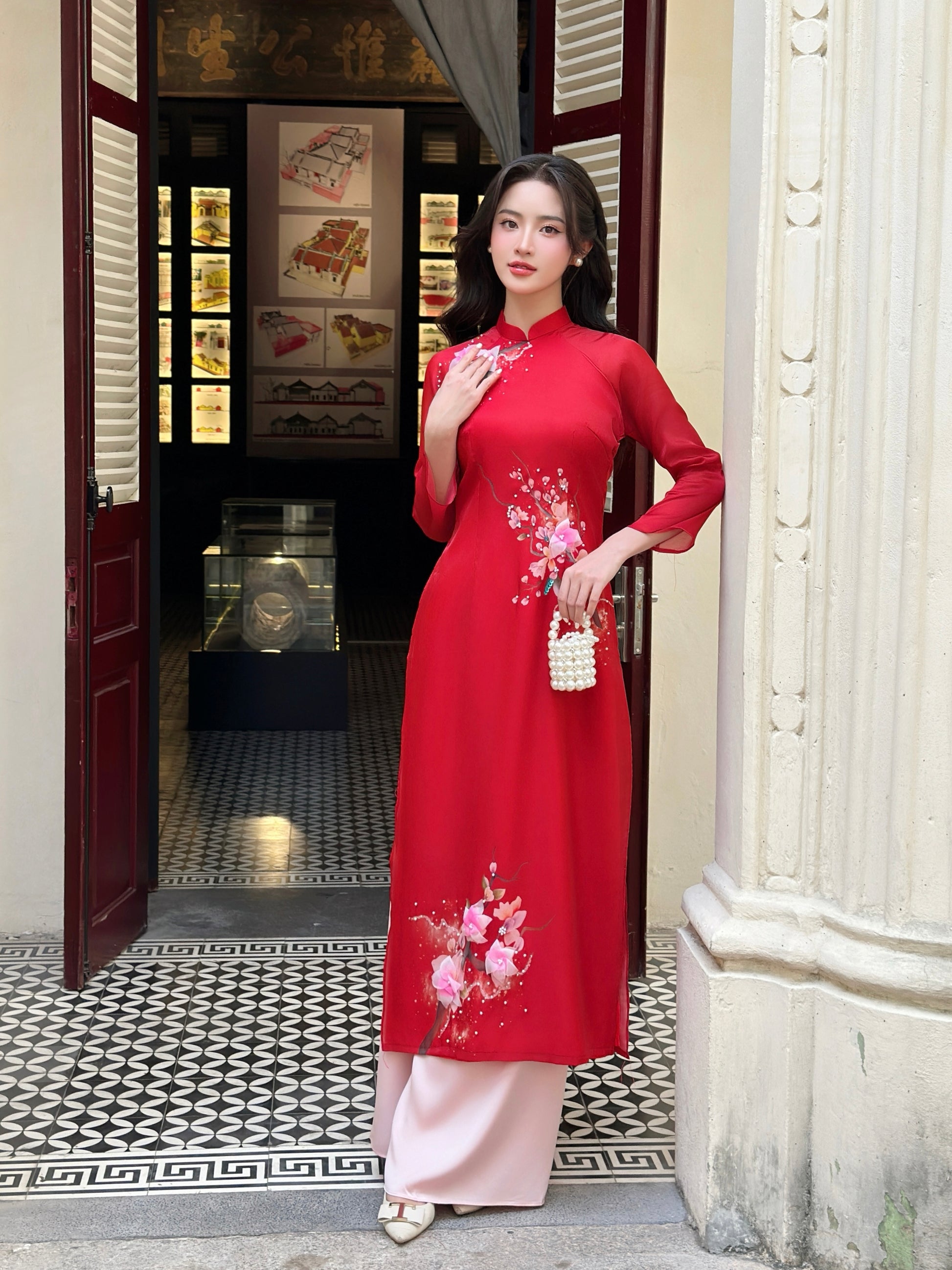 Red silk design Vietnamese Ao dai| Pre-made Vietnamese Dress for Lunar New Year Ao Dai Viet Nam|Ao Dai Cach Tan with Pants Q09