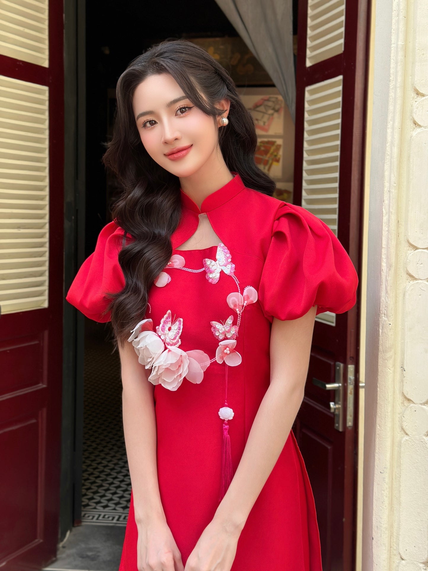 Red Puff sleeve Tapta Ao Dai| Pre-made Vietnamese Dress for Lunar New Year Ao Dai Viet Nam|Ao Dai Cach Tan with Pants Q24