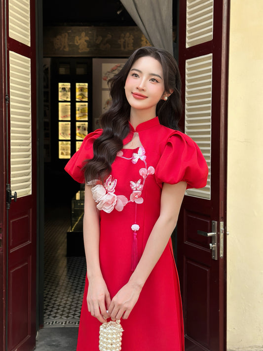 Red Puff sleeve Tapta Ao Dai| Pre-made Vietnamese Dress for Lunar New Year Ao Dai Viet Nam|Ao Dai Cach Tan with Pants Q24