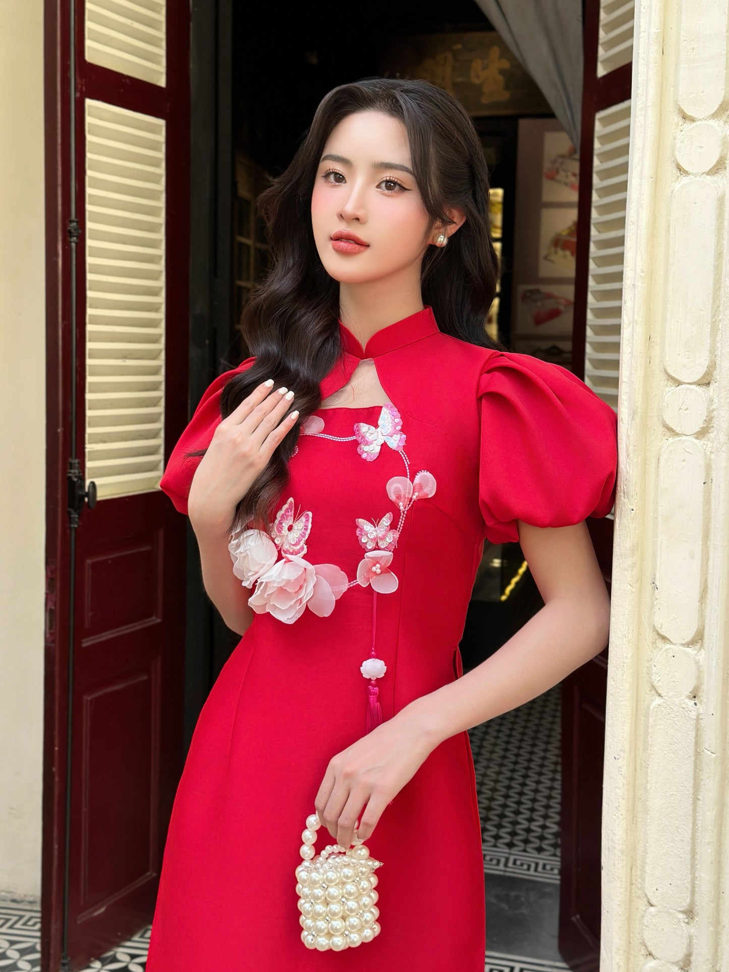 Red Puff sleeve Tapta Ao Dai| Pre-made Vietnamese Dress for Lunar New Year Ao Dai Viet Nam|Ao Dai Cach Tan with Pants Q24