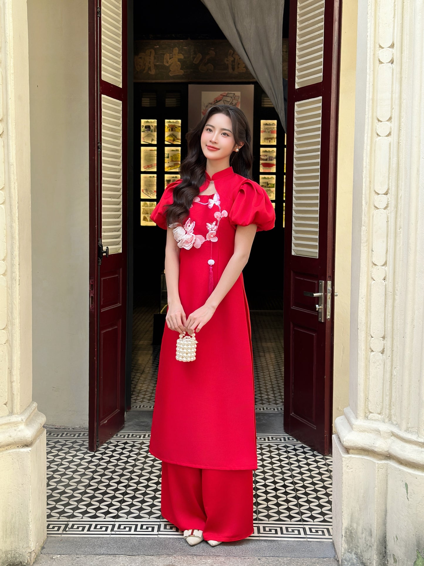 Red Puff sleeve Tapta Ao Dai| Pre-made Vietnamese Dress for Lunar New Year Ao Dai Viet Nam|Ao Dai Cach Tan with Pants Q24