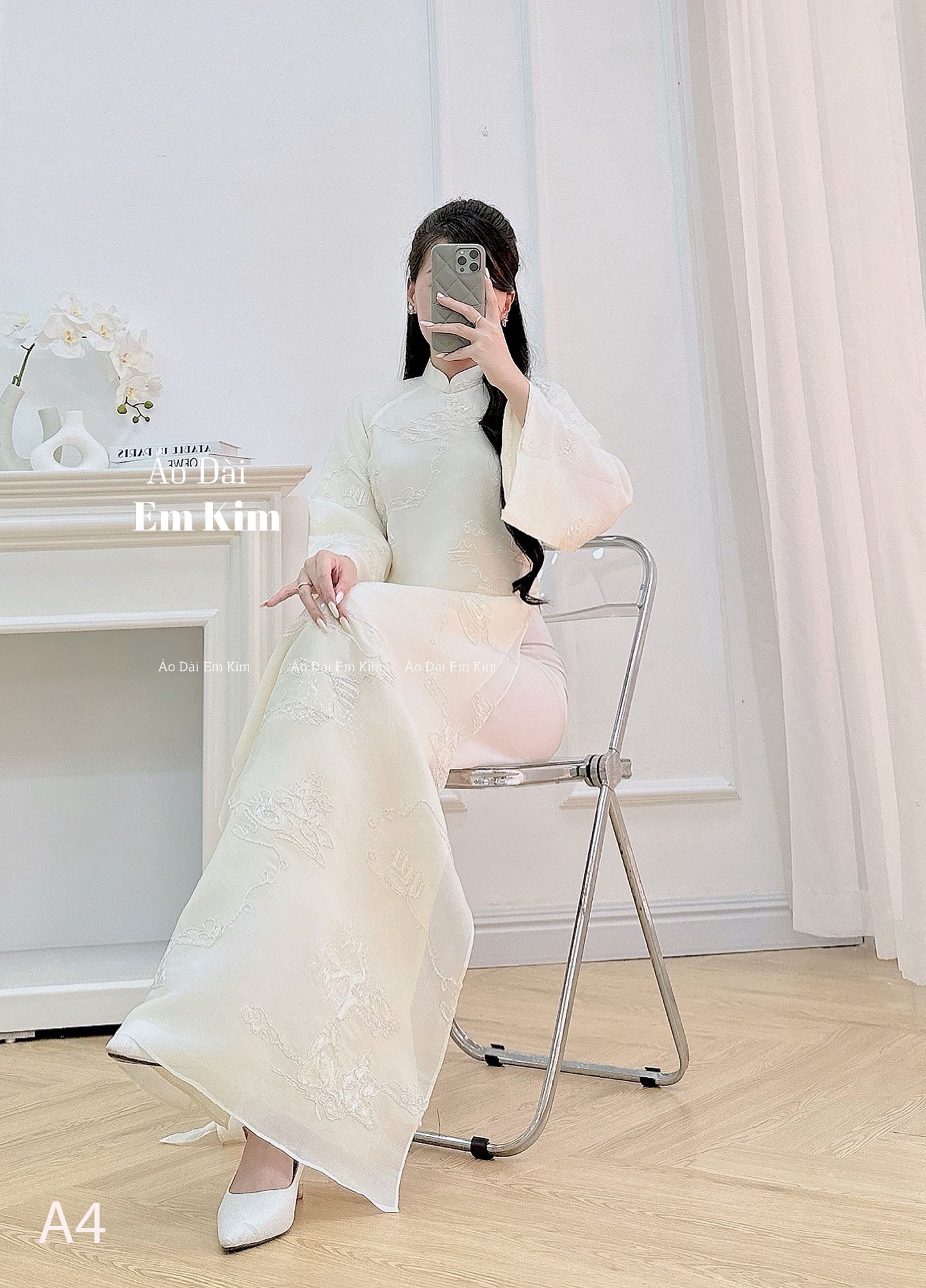 Cream lace embroidery Ao Dai A4