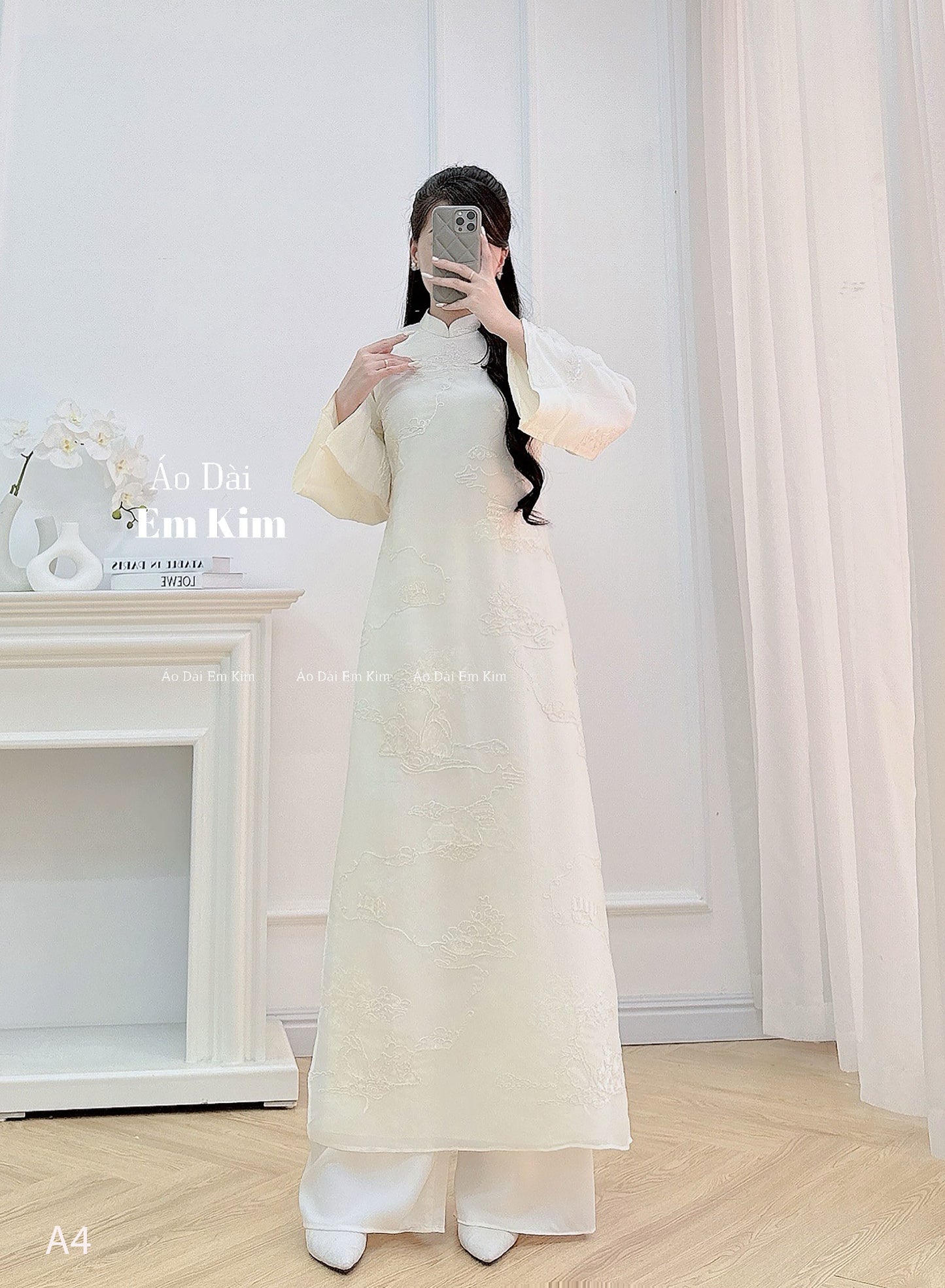 Cream lace embroidery Ao Dai A4