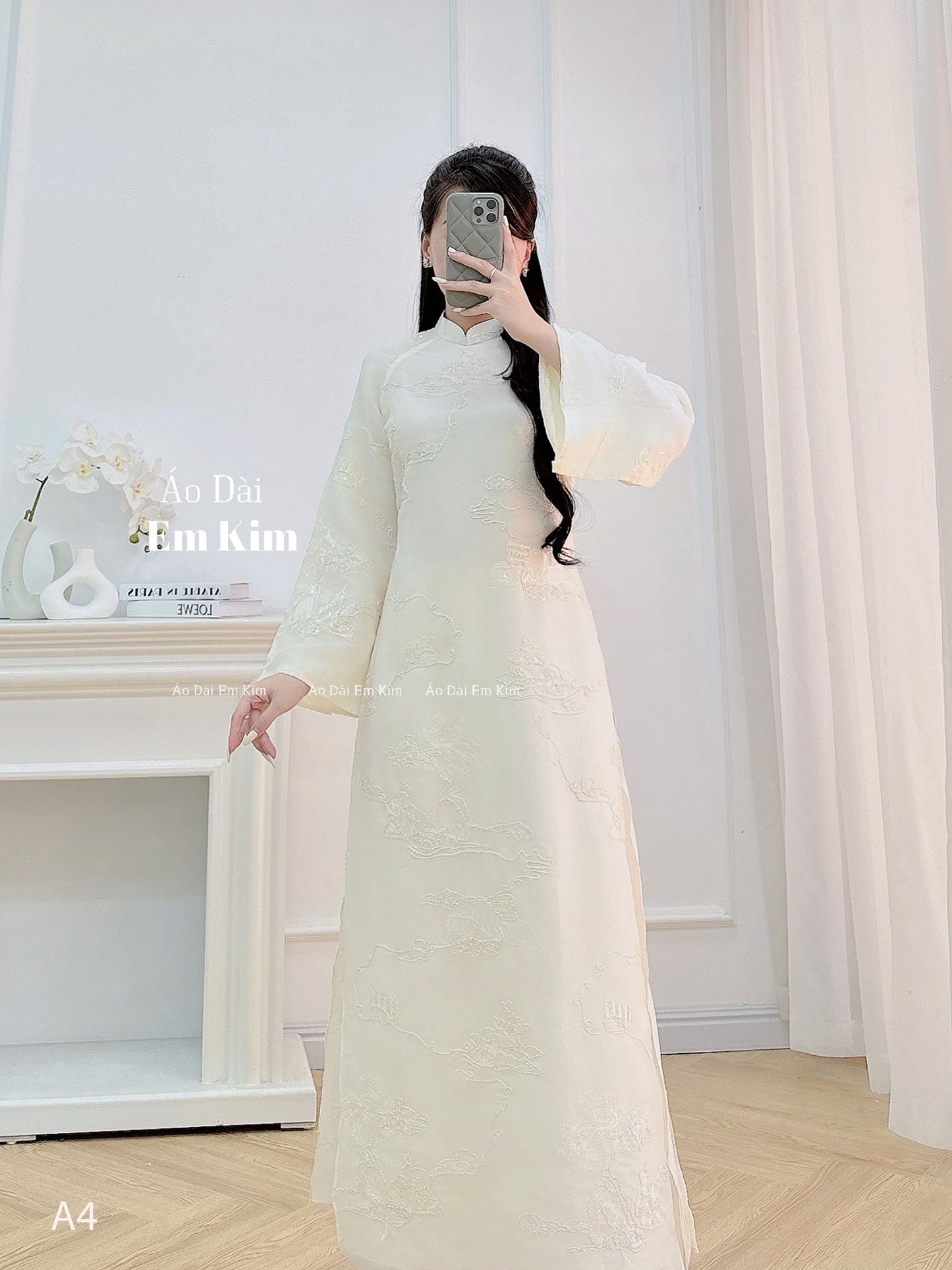 Cream lace embroidery Ao Dai A4