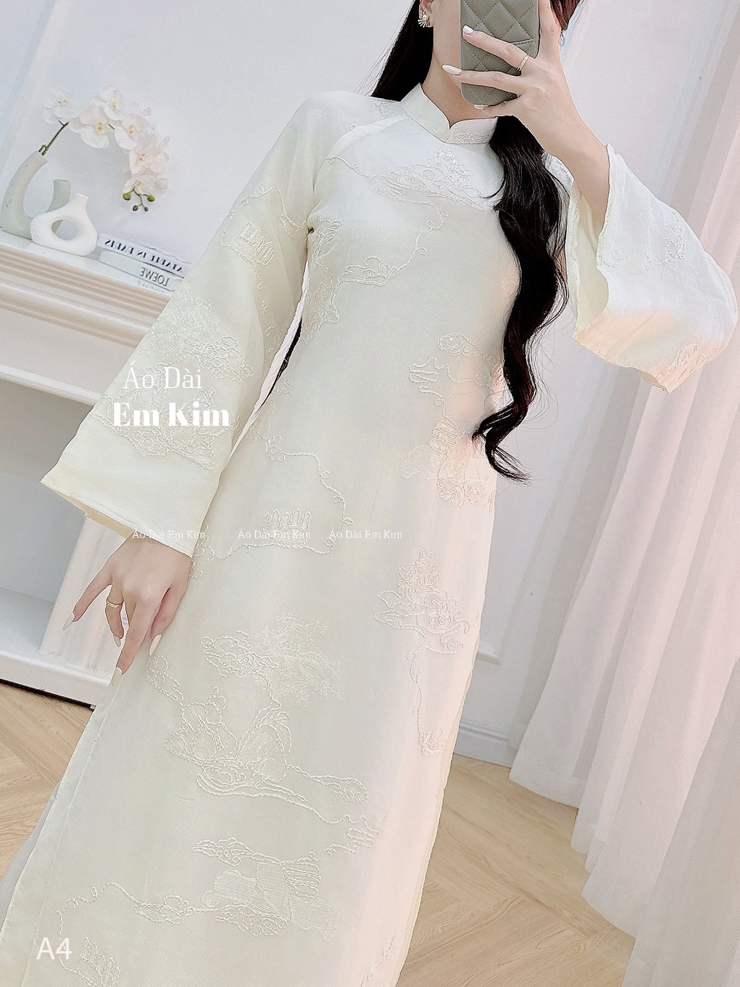 Cream lace embroidery Ao Dai A4