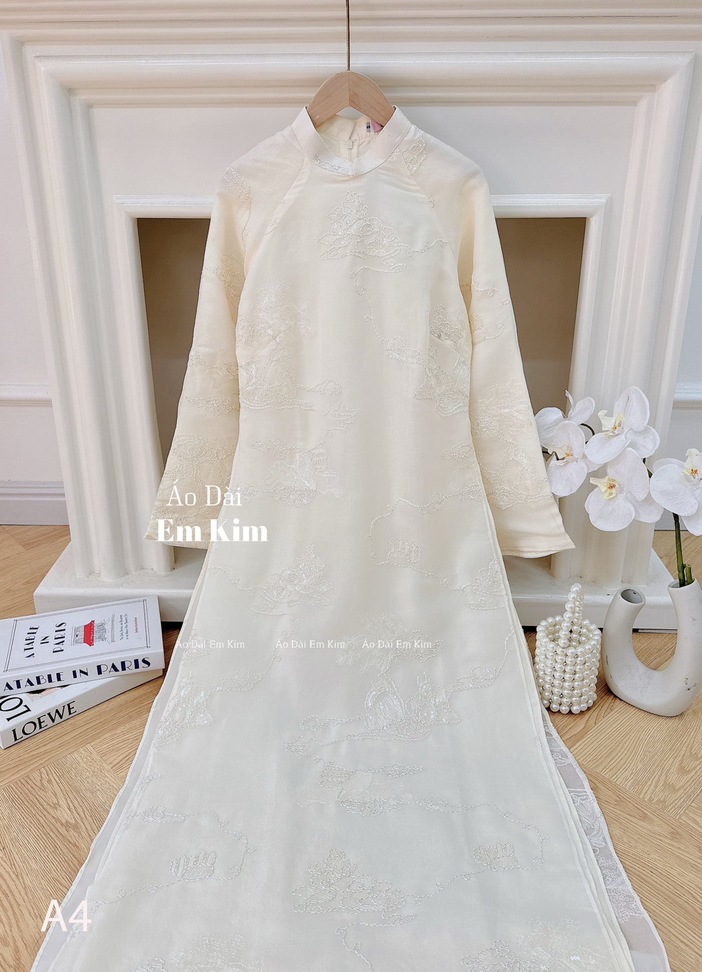 Cream lace embroidery Ao Dai A4