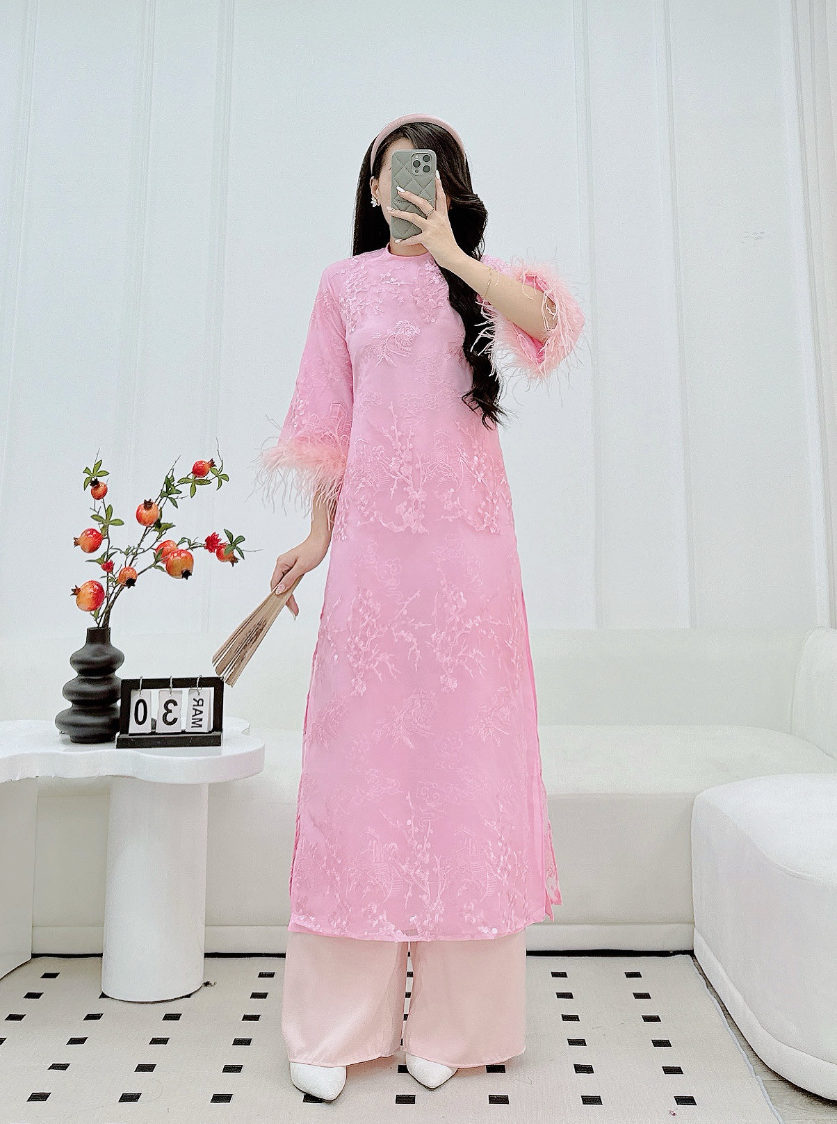 PINK Feather Sleeve Mommy and me matching ao dai| Ao Dai Me va Be modern silk organza| | Lunar New Year| MB63