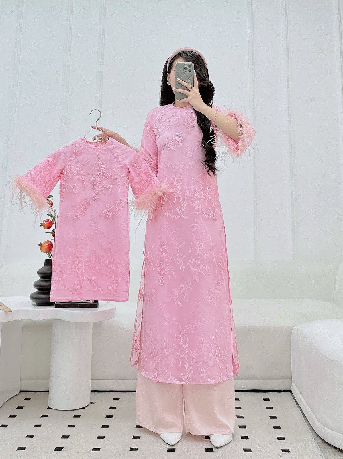 PINK Feather Sleeve Mommy and me matching ao dai| Ao Dai Me va Be modern silk organza| | Lunar New Year| MB63