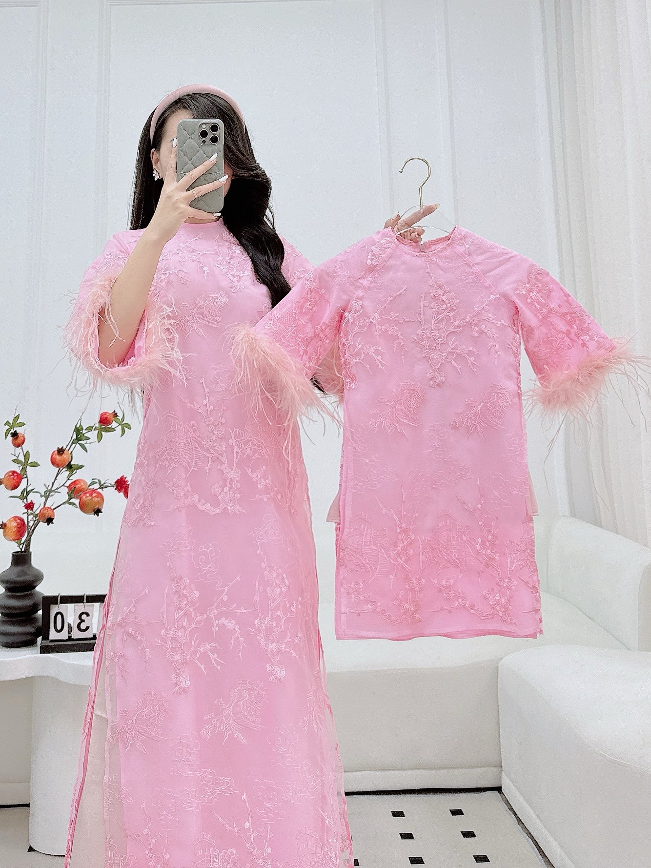 PINK Feather Sleeve Mommy and me matching ao dai| Ao Dai Me va Be modern silk organza| | Lunar New Year| MB63