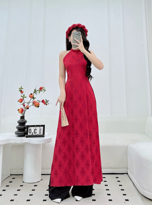 Red Sleeveles Ao Dai gấm , Pre-made Modernized Vietnamese Ao Dai, Ao Dai Lunar New Year/Matching Ao Dai Tet|GD59