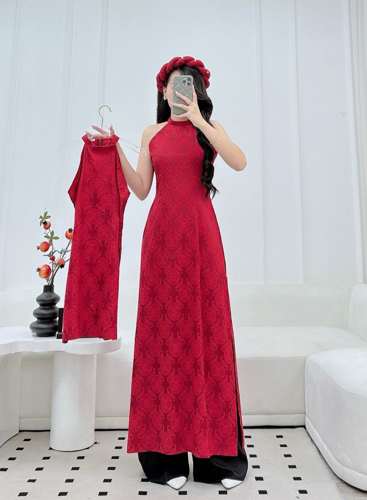 Red Sleeveles Ao Dai gấm , Pre-made Modernized Vietnamese Ao Dai, Ao Dai Lunar New Year/Matching Ao Dai Tet|GD59