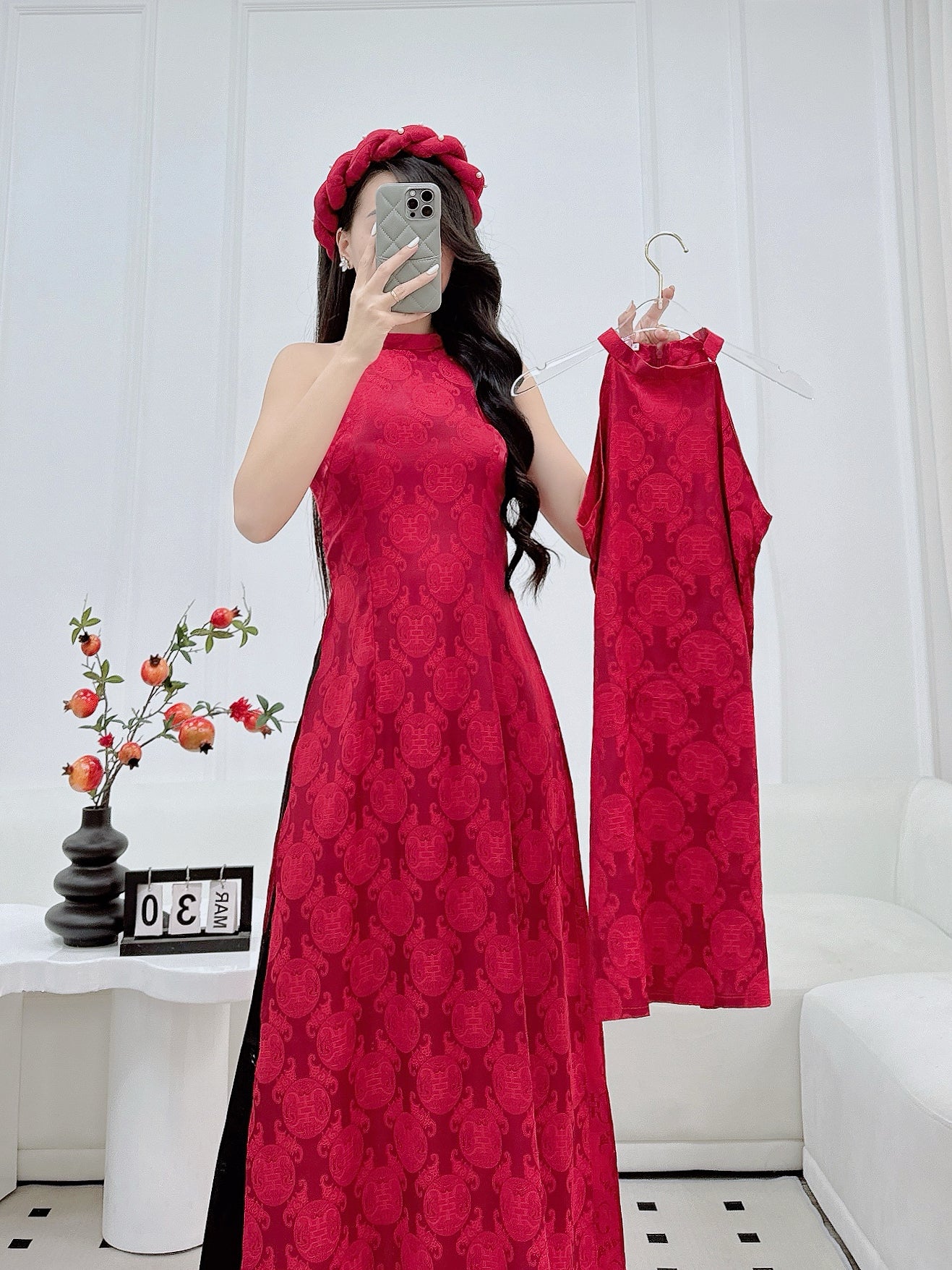 Red Sleeveles Ao Dai gấm , Pre-made Modernized Vietnamese Ao Dai, Ao Dai Lunar New Year/Matching Ao Dai Tet|GD59