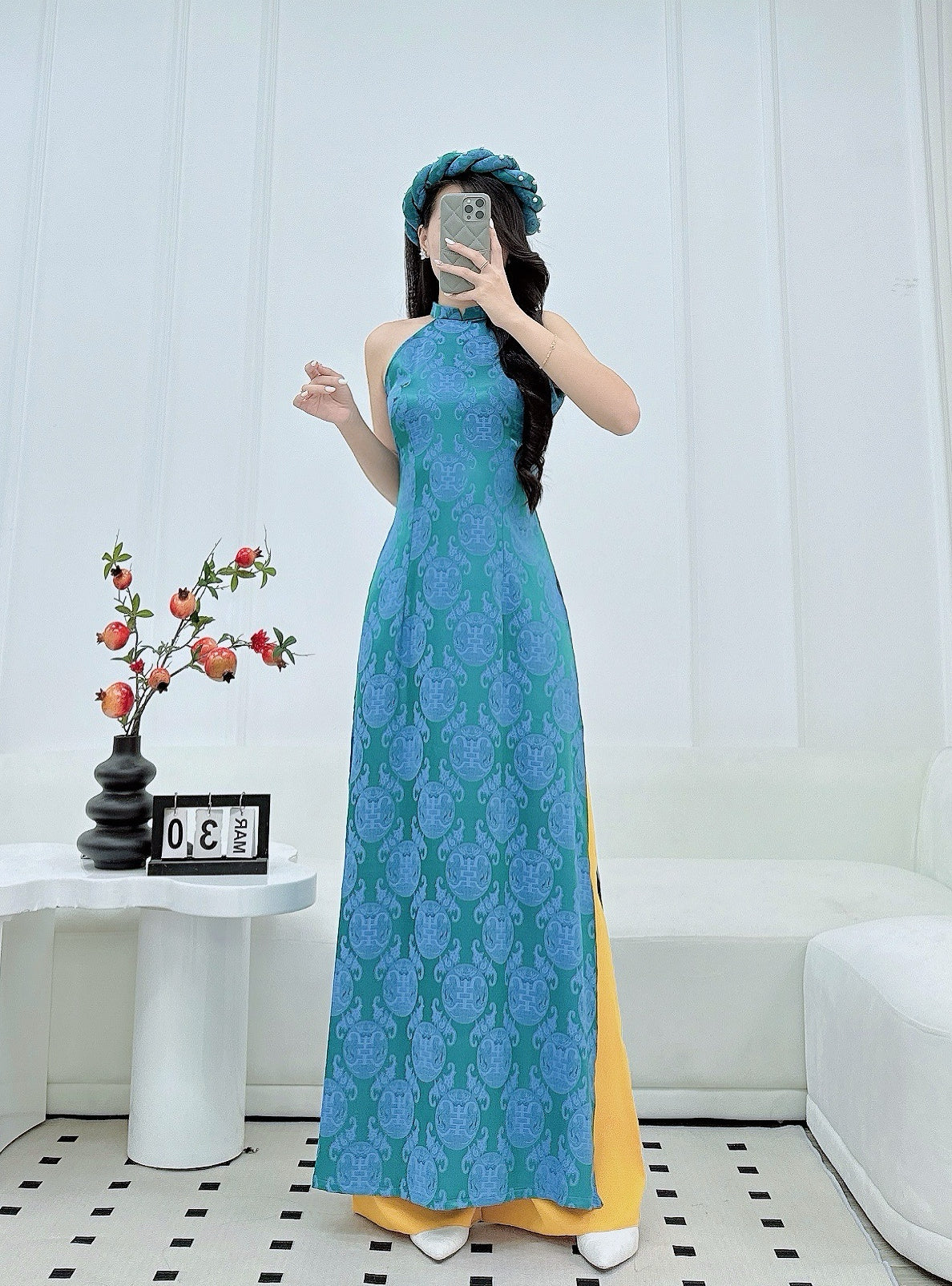 Blue Sleeveles Ao Dai gấm , Pre-made Modernized Vietnamese Ao Dai, Ao Dai Lunar New Year/Matching Ao Dai Tet|GD58