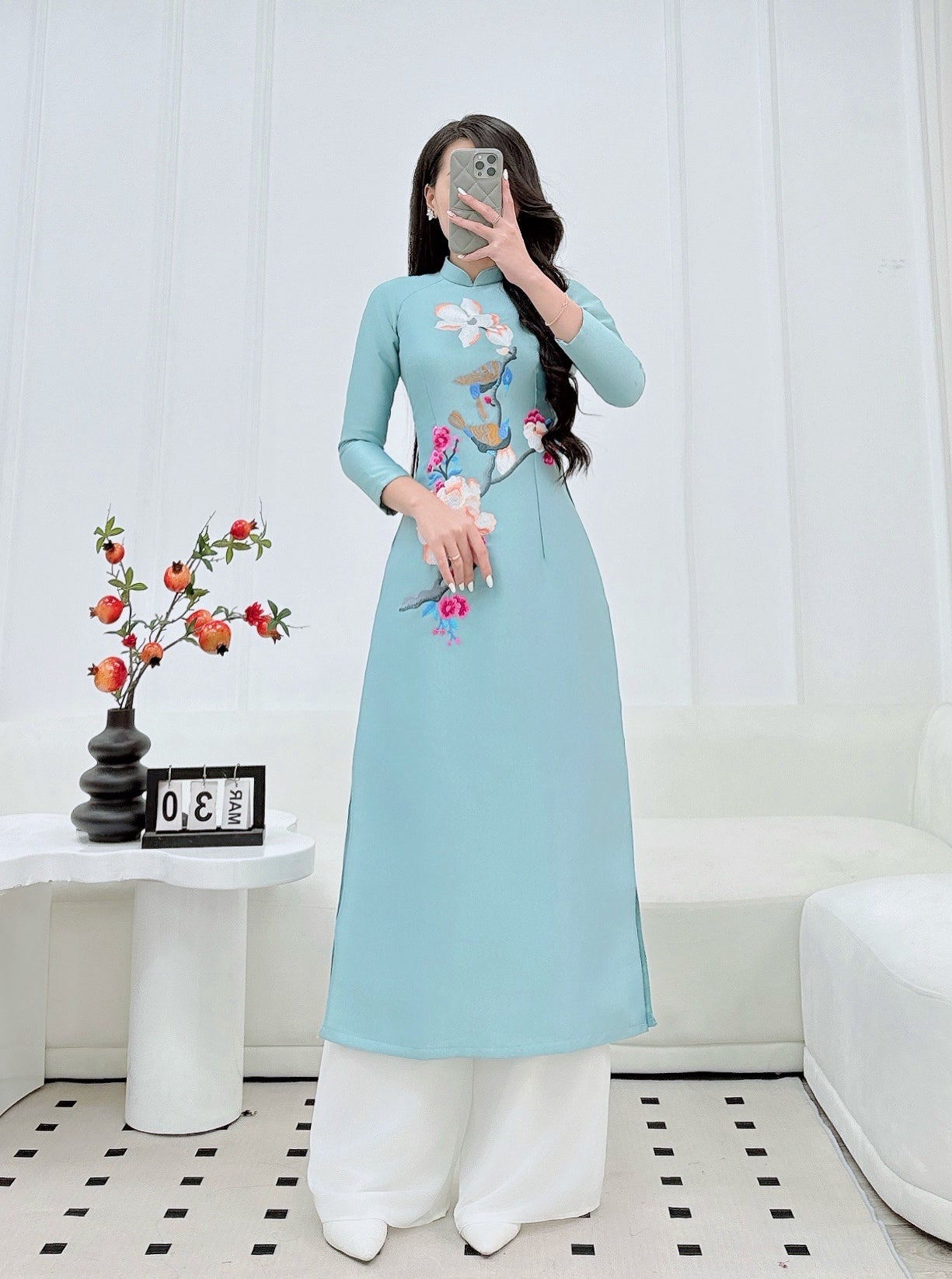 Blue Tapta Embroidery Modern Ao Dai | Pre-made Vietnamese Dress for Lunar New Year Ao Dai Viet Nam|Ao Dai Cach Tan with Pants S06