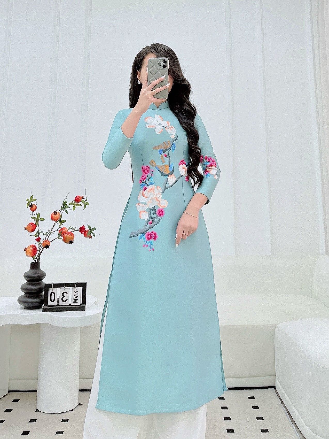 Blue Tapta Embroidery Modern Ao Dai | Pre-made Vietnamese Dress for Lunar New Year Ao Dai Viet Nam|Ao Dai Cach Tan with Pants S06