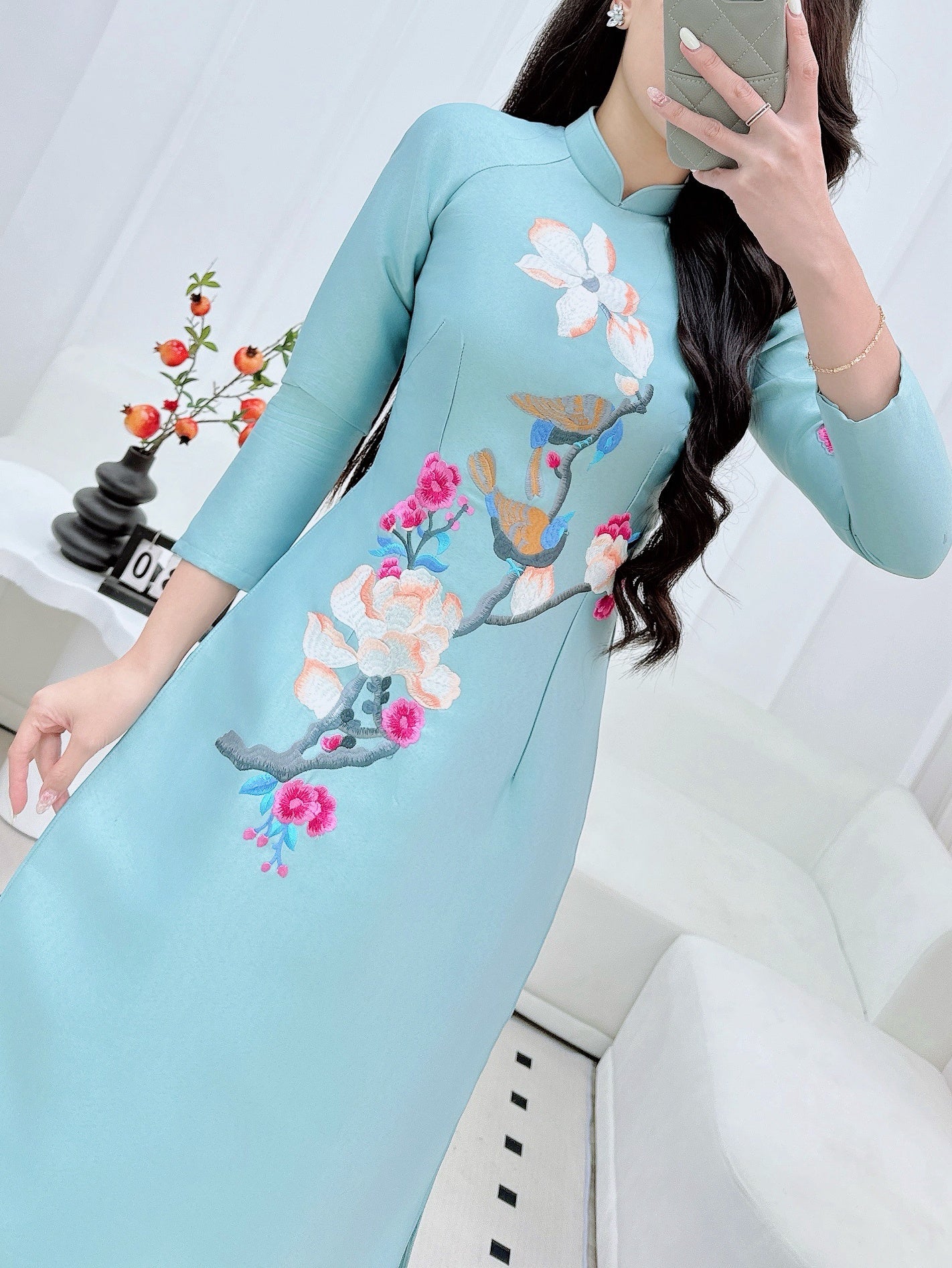 Blue Tapta Embroidery Modern Ao Dai | Pre-made Vietnamese Dress for Lunar New Year Ao Dai Viet Nam|Ao Dai Cach Tan with Pants S06