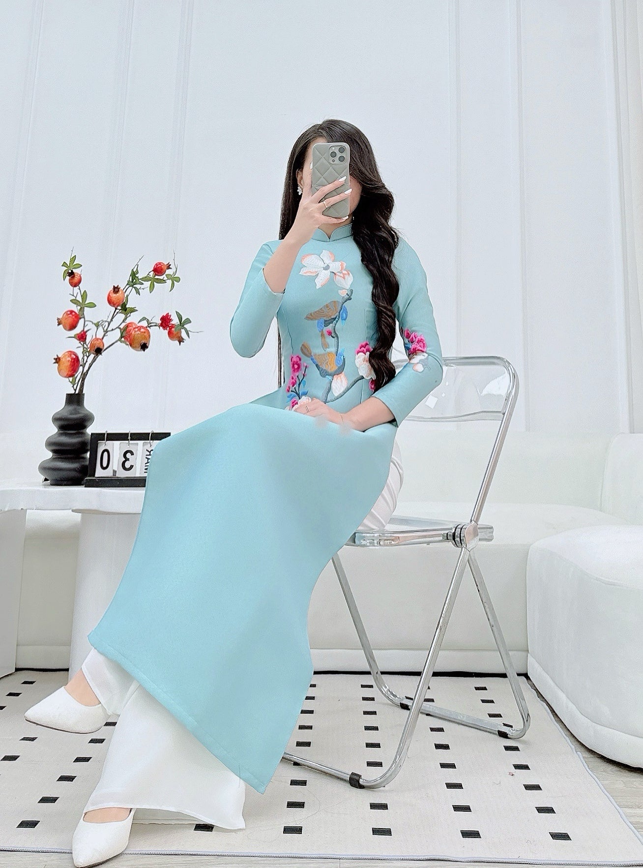 Blue Tapta Embroidery Modern Ao Dai | Pre-made Vietnamese Dress for Lunar New Year Ao Dai Viet Nam|Ao Dai Cach Tan with Pants S06