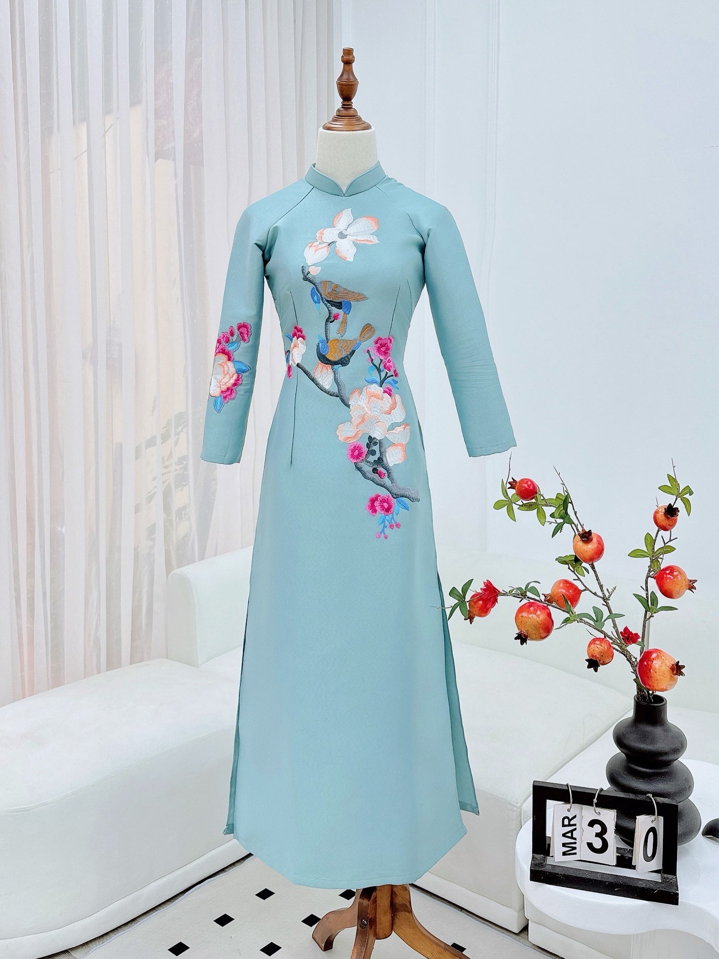 Blue Tapta Embroidery Modern Ao Dai | Pre-made Vietnamese Dress for Lunar New Year Ao Dai Viet Nam|Ao Dai Cach Tan with Pants S06