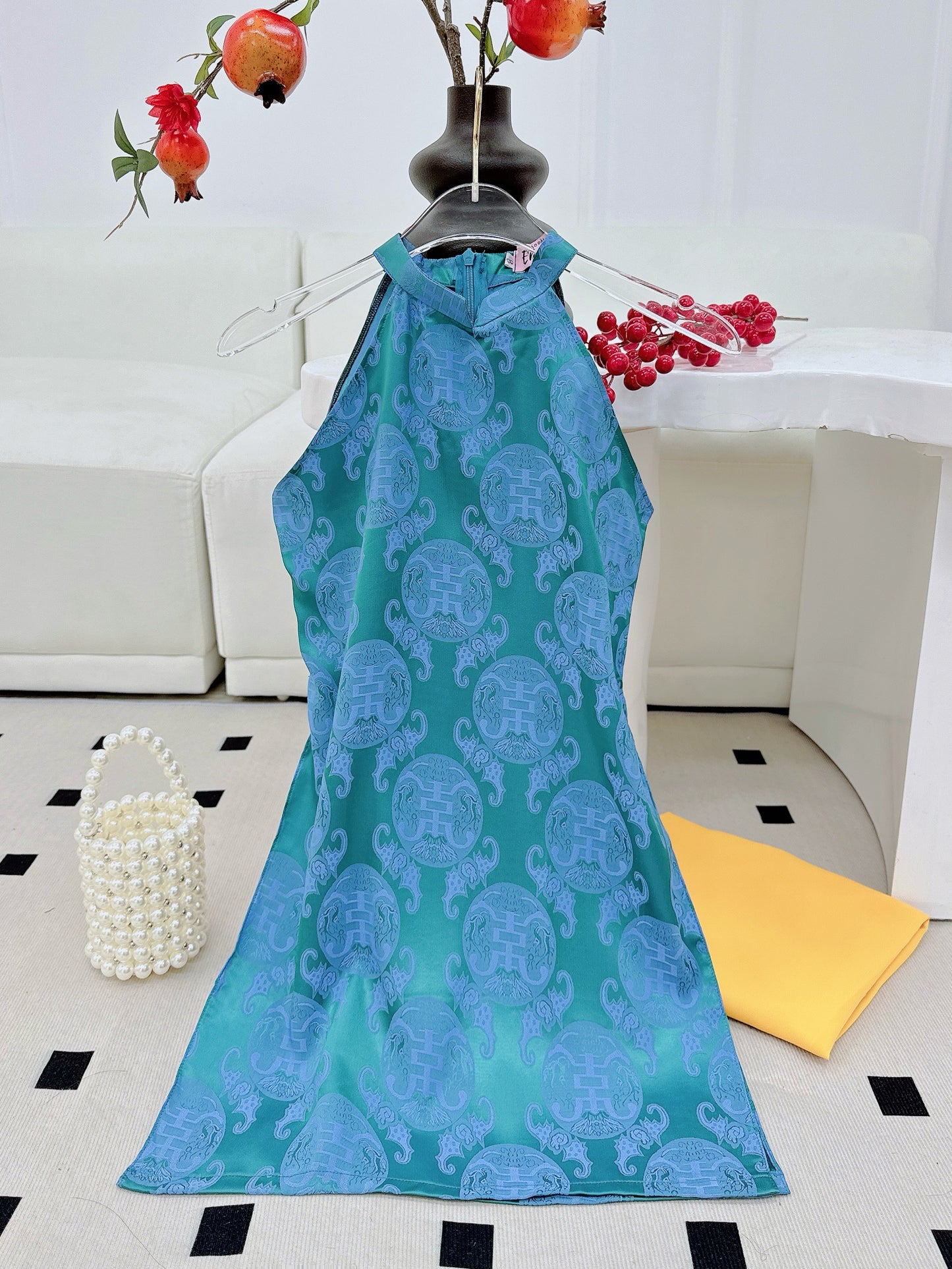 Blue Sleeveles Ao Dai gấm , Pre-made Modernized Vietnamese Ao Dai, Ao Dai Lunar New Year/Matching Ao Dai Tet|GD58