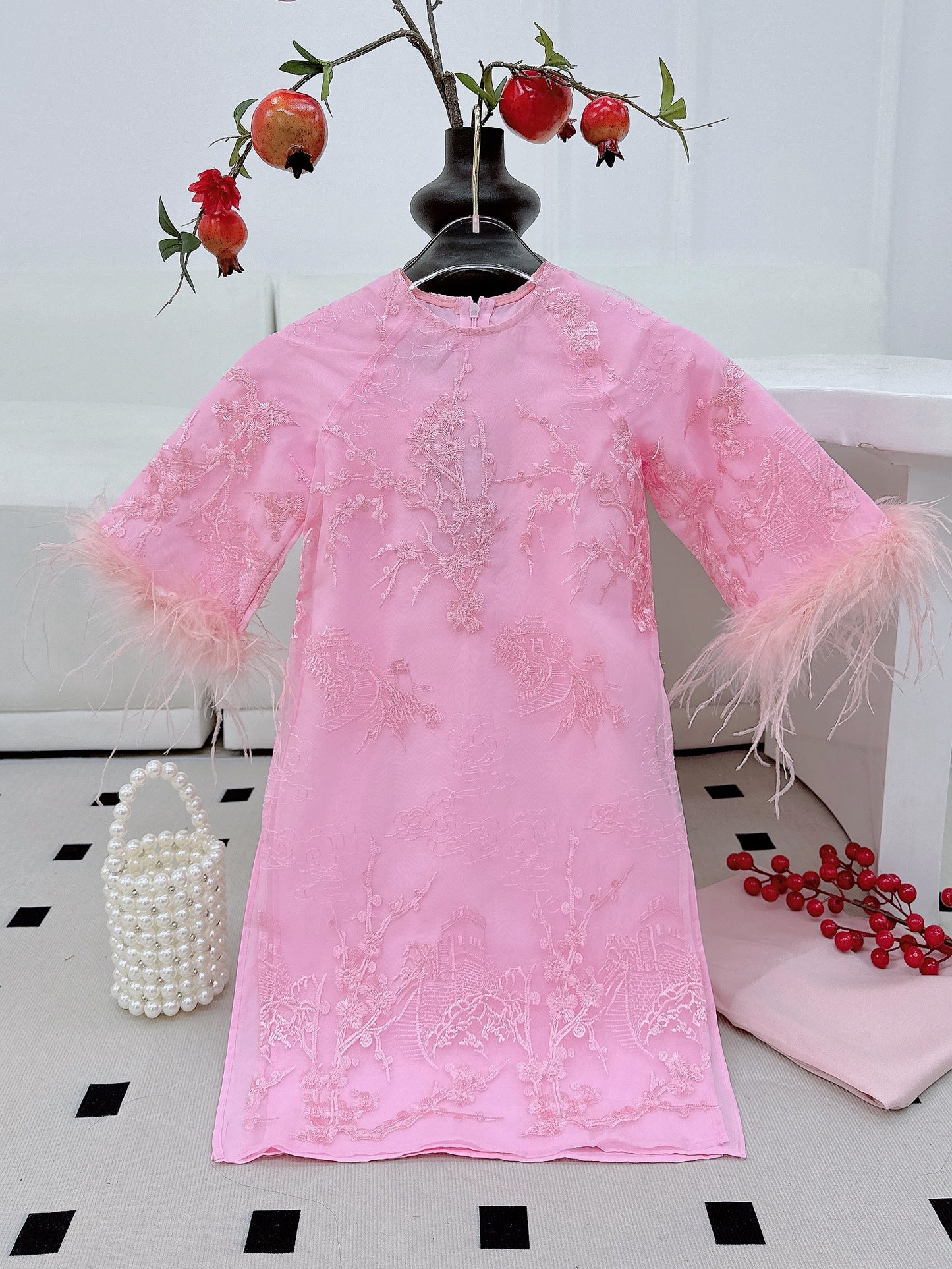 PINK Feather Sleeve Mommy and me matching ao dai| Ao Dai Me va Be modern silk organza| | Lunar New Year| MB63