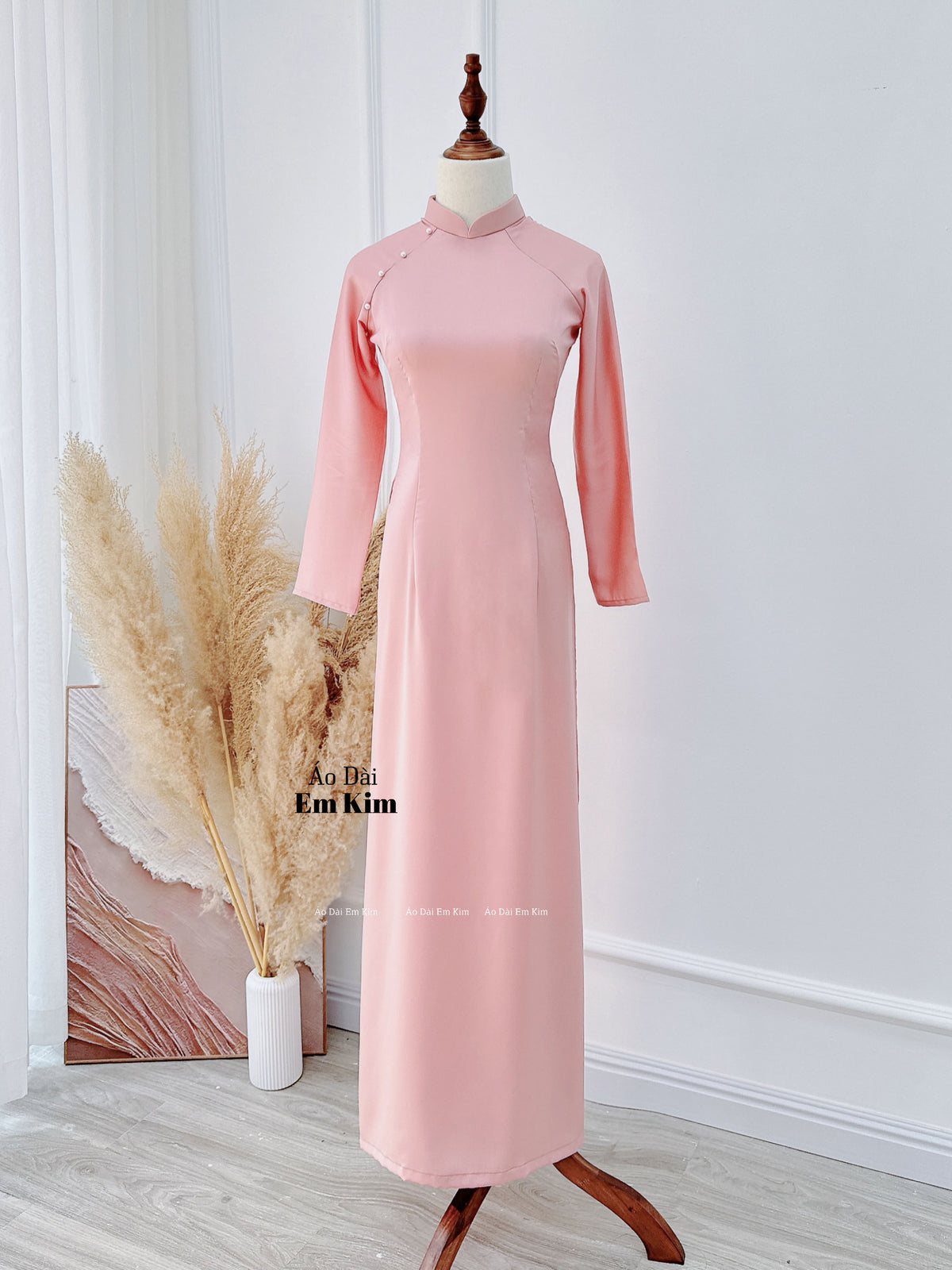 Pink Ao Dai With Pearl Beading Neckline | No Pants | V23