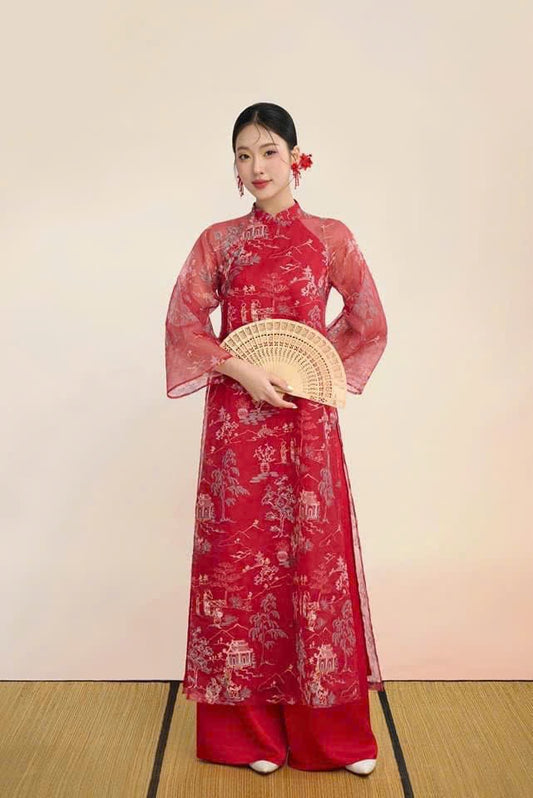 Đỏ Thuỷ Hạc| Pre-made Vietnamese Dress for Lunar New Year Ao Dai Viet Nam|Ao Dai Cach Tan with Pants Q11