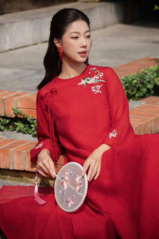 Red PT Ao dai| Pre-made Vietnamese Dress for Lunar New Year Ao Dai Viet Nam|Ao Dai Cach Tan with Pants Q08