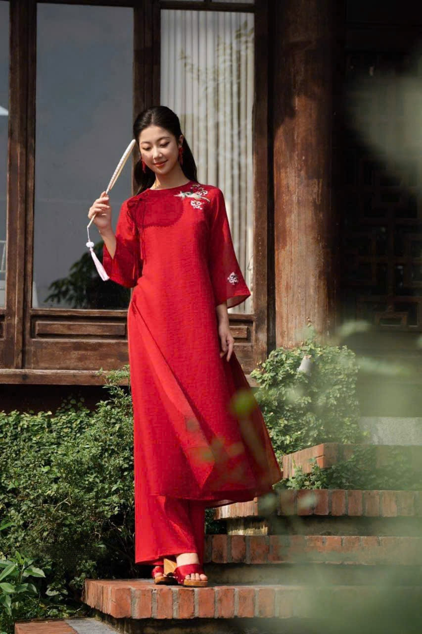 Red PT Ao dai| Pre-made Vietnamese Dress for Lunar New Year Ao Dai Viet Nam|Ao Dai Cach Tan with Pants Q08